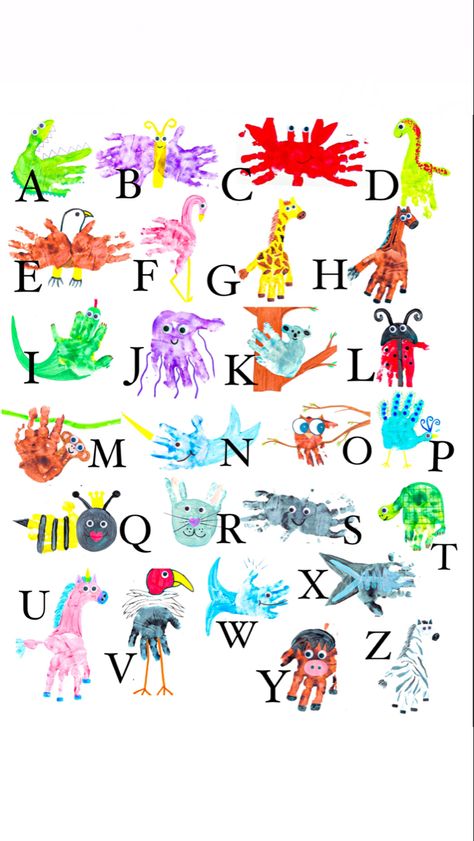 Abc With Handprints, Alphabet Hand Painting, Alphabet With Handprints, Hand Paint Alphabet, Letter A Crafts For Preschool Hand Prints, Hand Print Alphabet Animals, Letter A Hand Print Craft, Animals With Hand Prints, Hand Alphabet Art