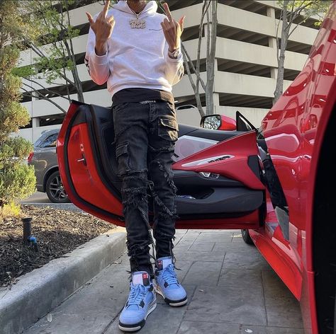 Jordan 4 University Blue Outfit Men, University Blue Outfit Men, Jordan 4 University Blue Outfit, University Blue Outfit, Estilo Drip, Jordan 4 University Blue, Blue Outfit Men, Ybn Nahmir, 4s Outfit