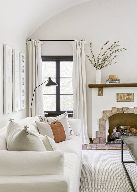 See How an Interior Designer Spends $120K on an L.A. Home | MyDomaine Spanish Style Living Room, White Fireplace, White Living Room, A Living Room, Spanish Style, White Wall, Cheap Home Decor, Style Wedding, Living Room Inspiration