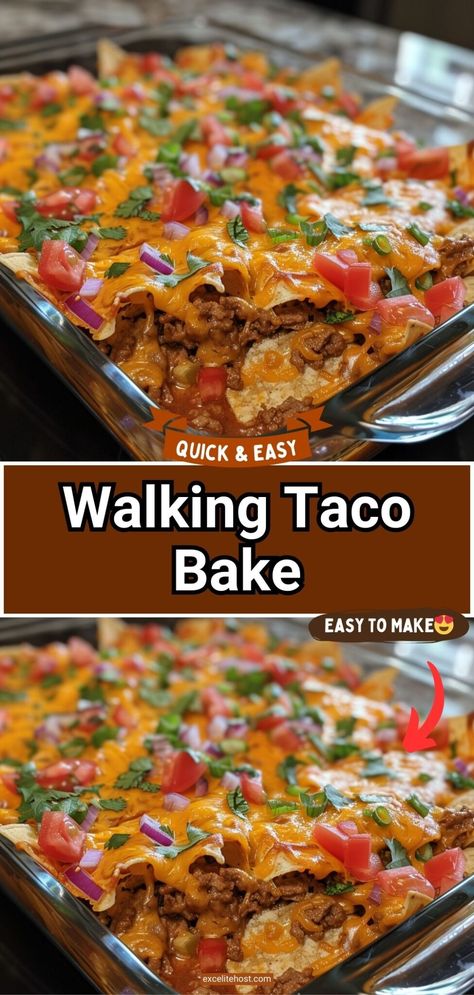 Walking Taco Bake Walking Taco Recipe Ground Beef, Taco Bake With Fritos Corn Chips, Frito Walking Taco, Recipes For Taco Meat, Walking Tacos Casserole, Recipes With Taco Meat Ground Beef, Walking Taco Bake With Fritos, Taco Dishes Ground Beef, Fritos Taco Bake