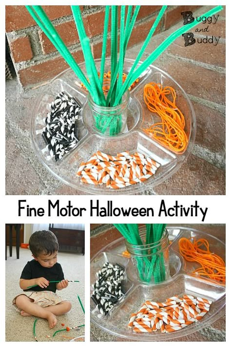 Easy fine motor activity for Halloween- great for toddlers and preschool. Make Halloween necklaces and bracelets using straws, beads, and pipe cleaners. An easy invitation to create or center for the classroom! #halloween #halloweencrafts #craftsforkids #toddlercrafts #ece #toddler #preschool #preschoolcrafts #kindergarten #finemotor Prek Halloween, Halloween Necklaces, October Themes, Pumpkin Lessons, Fall Crafts For Toddlers, Classroom Halloween, Year Planning, Thema Halloween, Fine Motor Activities For Kids