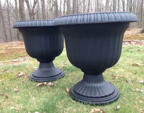 Painting Urns Planters, How To Make Plastic Planters Look Like Concrete, Diy Versailles Planter, Cement Urns Concrete Planters, Backyard Patio Makeover, Black Front Porch Pots & Planters, Courtyard Garden Design, Stone Spray Paint, Living Rich