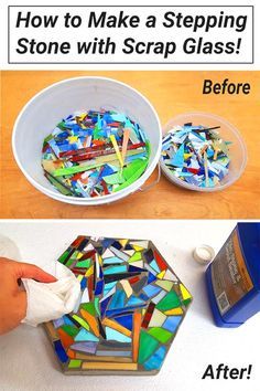 How To Make Stepping Stones, Glass Mosaic Art Diy, Scrap Stained Glass Projects, Mosaic Stepping Stones Diy, Diy Mosaic Stepping Stones, Glass Mosaic Stepping Stones, Stepping Stone Patterns, Diy Glass Mosaic, Stained Glass Scraps