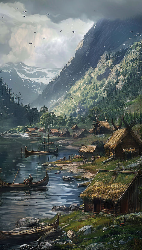 Viking Longboats in the harbor of a Viking village Picturesque Mountains Norse Village Art, Viking Village Art, Viking Building Concept Art, Fantasy Viking Village, Viking Battle Scene, Mountain Village Fantasy Art, Modern Viking Aesthetic, Viking Fantasy Art, Fantasy Harbor