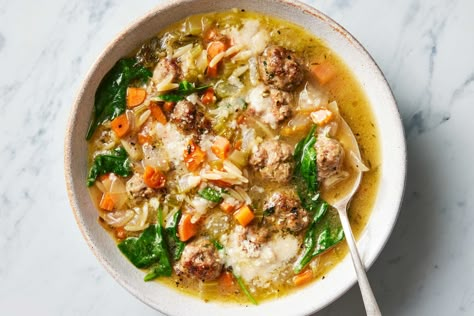 Italian Wedding Soup Recipe Chili Meatloaf, American Soup, Tacos Fried, Brothy Soups, Ny Times Recipes, New York Times Recipes, Meatballs Pasta, Italian Wedding Soup Recipe, Nyt Recipes