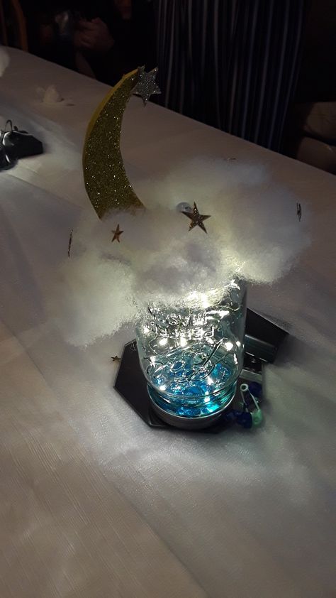 Star Themed Table Centerpieces, Start Night Centerpieces, A Night Under The Stars Centerpieces, Under The Stars Decorations Table Settings, Night Under The Stars Table Decor, Stary Night Centerpiece, Under The Stars Centerpiece Ideas, Moon And Stars Table Centerpiece, Starry Night Prom Centerpieces