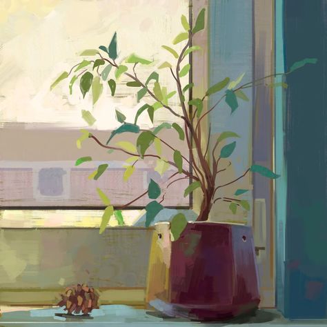 Still life painting of my brother's windowsill, I don't know why he keeps that pinecone there. Took about an hour in real time. #art #digitalpainting #digitalart #artist #artwork #sketch #photoshop #stilllife #drawing #artprocess #painting #nature Windowsill Illustration, Sketch Photoshop, Painting Nature, Time Art, Process Art, Still Life Painting, Artist Artwork, I Don't Know, Window Sill