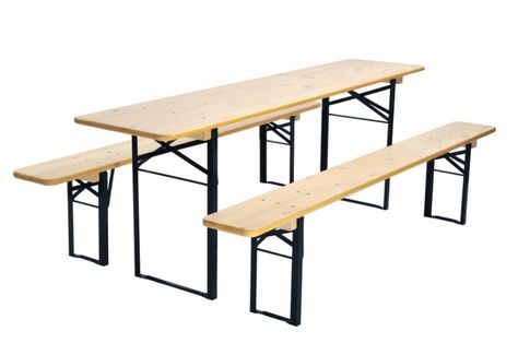 beer-garden-table-and-benches-gardenista Beer Garden Table, Restaurant Table Setting, Beer Wood, Outdoor Folding Table, Timber Table, Table And Bench Set, Folding Dining Table, Metal Table Legs, Restaurant Chairs