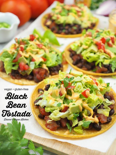 Black Bean Tostada Recipes, Black Bean Tostada, Vegan Tostadas, Bean Tostada, Gf Lunch, Summer Supper, Meatless Meals Healthy, Tostada Recipes, Vegan Mexican Recipes