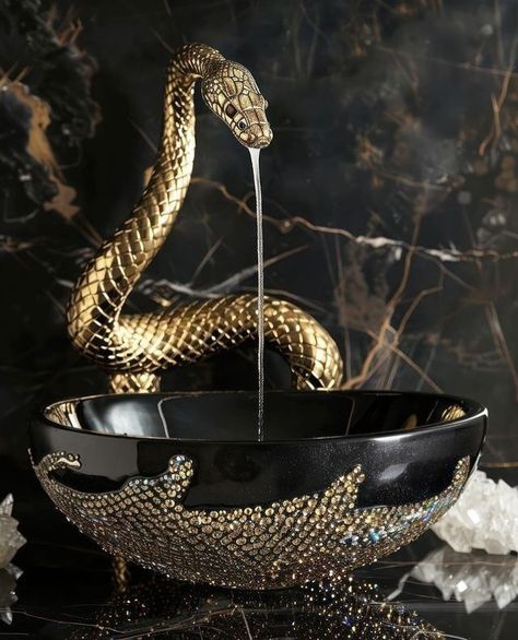 Bathroom Crystals, Snake Furniture, Fancy Bathroom Ideas, Bathroom Black And Gold, Black And Gold House, Fancy Bathroom Decor, Snake Decor, Fancy Bathroom, Black And Gold Bathroom