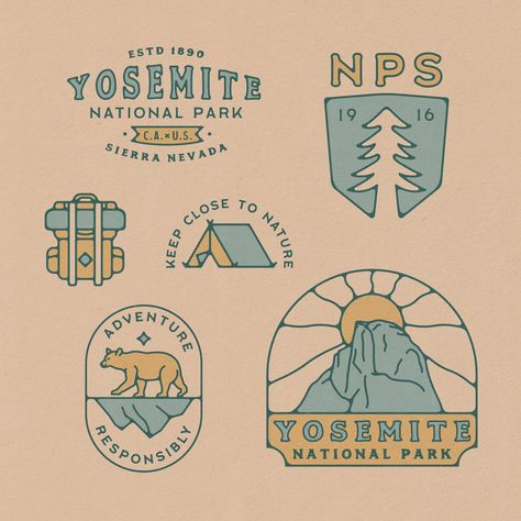 Adventure Graphic Design, Outdoors Logo Design, National Park Patches, Camp Logo, Badge Ideas, Adventure Branding, Outdoor Logos, Retro Color Palette, Illustration Branding