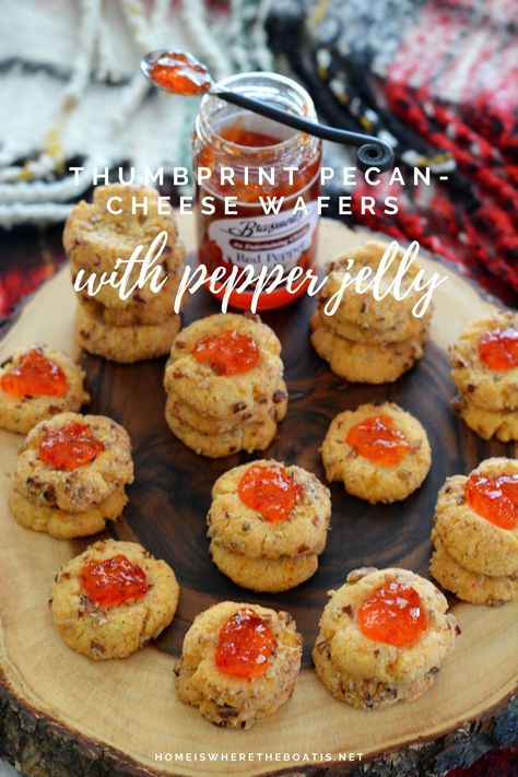 Thumbprint Pecan-Cheese Wafers with Pepper Jelly | ©homeiswheretheboatis.net #appetizer #cheesestraw #pecans #recipes #party Easy Freezer Jam, Cheese Wafers, Hot Pepper Jelly, Specialty Food Store, Mini Sweet Peppers, Cheese Straws, Pepper Jelly, Sweet Heat, Money Saving Meals