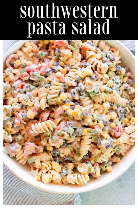 Southwestern Pasta Salad is a flavor filled side dish that is perfect for a potluck, BBQ, or to bring new parents! This pasta salad is filled with bell peppers, corn, black beans, cilantro, green onions, taco seasoning, ranch seasoning, Greek yogurt, and mayonnaise. Ranch Seasoning Pasta Salad, Southwestern Pasta Salad, Southwestern Pasta, Potluck Bbq, Easy Pasta Salad Recipes, Southwest Pasta, Southwest Pasta Salad, Mexican Pasta Salad, Summer Pasta Salad Recipes