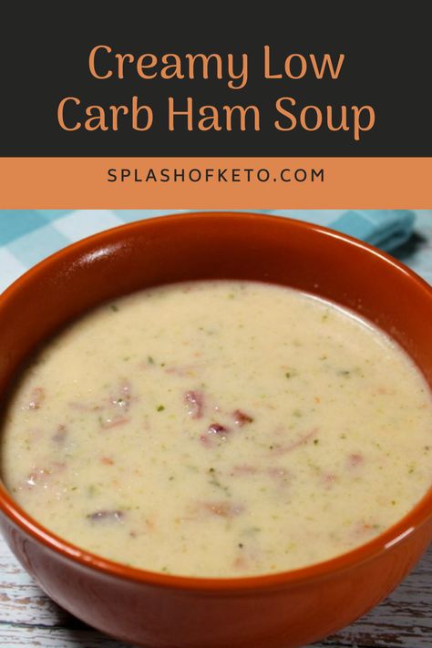 This creamy low carb ham soup is comfort food in a bowl! We combine fresh vegetables and ham with a rich and creamy broth to create an incredibly delicious and satisfying soup. Ham Soup Low Carb, Keto Ham And Cauliflower Soup, Cauliflower And Ham Soup, Keto Ham Soup Low Carb, Ham Cauliflower Soup, Low Carb Ham Soup Recipes, Low Carb Ham Soup, Keto Ham Soup Recipes, Keto Ham Bone Soup Recipes