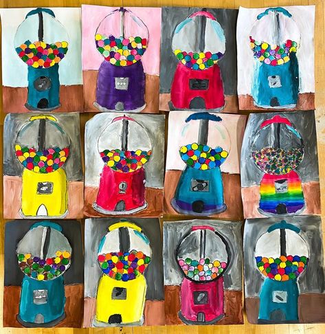 Wayne Thiebaud Gumball Machine Art Lesson, Wayne Thiebaud Gumball Machine, Gumball Machine Art Project, Wayne Thiebaud Art Lesson For Kids, Gumball Machine Art, 3rd Grade Art Projects, Pop Art Food, Camp Projects, Gumball Machines