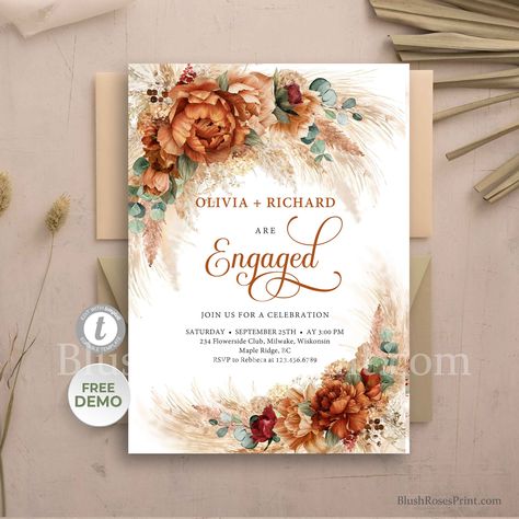 Excited to share the latest addition to my etsy shop https://etsy.me/3ztVr8J: Terracotta Engagement Invitation Template, Pampas Grass Burnt Orange, Copper Flowers Invite, Rusty Colors Tropical Engage, Boho Beach #147 #beige #engagement #copper #bohohippie #bohemianinv Eucalyptus Invitation, Terracotta Flowers, Tropical Bridal Shower Invitations, Dried Palm Leaves, Vow Renewal Invitations, Palm Wedding, Bachelorette Weekend Invitations, Boho Tropical, Bridal Brunch Invitations