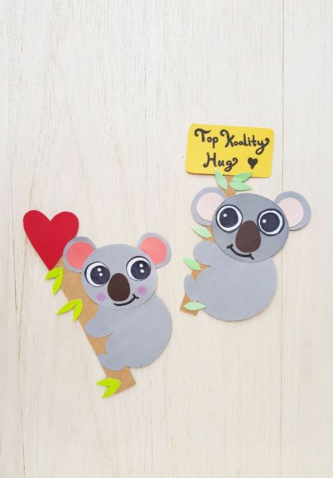 This cute koala craft is perfect for Valentine's Day. It's easy enough for kids of all ages and comes with a printable template to make things simpler! The finished product makes the perfect gift or decoration, just in time for February 14th. What are you waiting for? Get your supplies ready now! Download our FREE PDF Template HERE > https://gluesticksgumdrops.com/koala-craft-valentines-day < Koala Craft, Leaf Cutout, Scissors Crafts, Cute Koala, Baby Koala, February 14th, Highlighter Pen, Pink Highlights, Green Paper