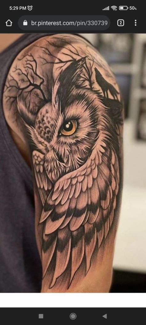 Owl Upper Arm Tattoo, Men Owl Tattoo Ideas, Owl Full Sleeve Tattoo, Owl Tatoos Men, Owl Half Sleeve Tattoo, Owl Shoulder Tattoo, Owl Tattoo Arm, Tattoos For Men Upper Arm, Owl Tattoo Men