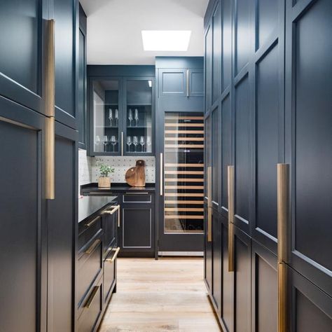 Broom “Closet” | HGTV Black Quartz Countertops, Butler’s Pantry, Butler's Pantry, Transitional Kitchen, Pantry Design, Upper Cabinets, Pantry Cabinet, California Homes, Wine Fridge