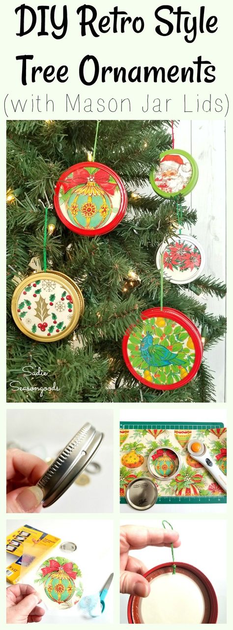 Canning jar lids (or mason jar lids) are so fun and easy to repurpose into various kinds of DIY ornaments. In this craft project tutorial, I pair them up with scraps of upcycled vintage Christmas wrapping paper and gift wrap to create framed retro graphic ornaments for the tree! They are easy to store and won't break if they get knocked to the floor- perfect for pet owners! Get all the details from Sadie Seasongoods / www.sadieseasongoods.com Mason Jar Lids Ornaments, Canning Jar Lids, Vintage Christmas Wrapping Paper, Mason Jar Crafts Diy, Diy Upcycling, Canning Jar, Holiday Wrapping Paper, Mason Jar Lids, Mason Jar Diy