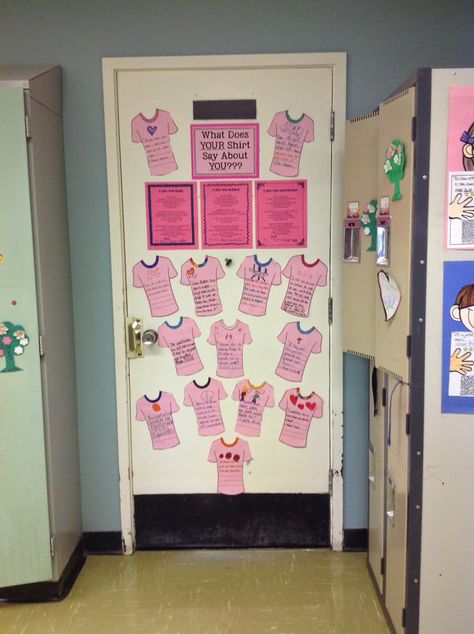 Pink Shirt Day: Students wrote anti-bullying quotes on pink t-shirt templates. Pink Shirt Day Ideas, Anti Bully Quotes, Door Decorating Ideas, Pink Shirt Day, Neon Prom Dresses, Teaching Resources Primary, Kindness Activities, Preschool Colors, School Images