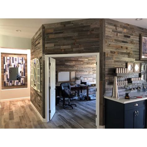 Reclaimed Wood Wall Panels, Wood Wall Paneling, Reclaimed Wood Wall, Finished Basement, Wood Panel Walls, Basement Design, Reclaimed Barn Wood, Finishing Basement, Basement Remodeling