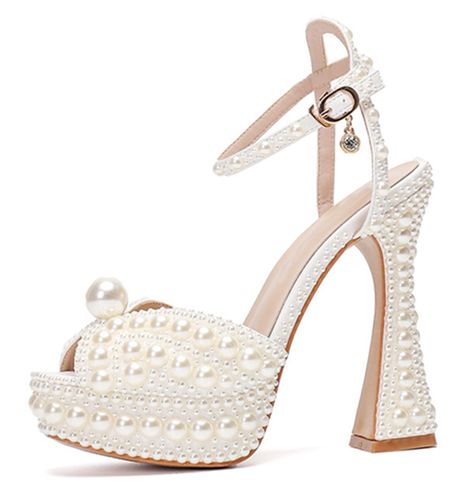 PRICES MAY VARY. Comfortable womens wedding heels: Heel measures approximately 5.5 inches/14cm These ladies wedding heel shoes are synthetic & decorations beaded upper, PU leather linning, Ant-slip rubber sole. Bridal wedding heels decorated with shining pearls & sparkle rhinestones. Beautiful, sexy, elegant and fashionable. Classic peep toe with slingback flared heel, it's just shiny enough to be eye catching without being too gaudy. Occasions: This womens heels is ideal for bridal wedding, eve Bridal Shoes Elegant, Wedding Shoes Pearl, Platform Wedding Shoes, Wedding Shoes Platform, Shoes Elegant, Bridal Heels, Evening Sandals, Chunky High Heels, Wedding Sandals