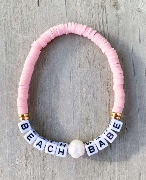 Beach Babe Bracelet 🐚☀️ Sand. Salt. Sea. Madr with mini heishi and mini square letters with 18k gold spacers and pearl  The perfect bracelet for the Beach Girl 🐚 If you would like another word or color, please put in Personalization Section* and we will message you if we have any questions.  CARING TIPS FOR YOUR JEWELRY ⭐️Treat and store with care. ⭐️ For longevity, avoid exposing your jewelry to water. ⭐️ Avoid having direct contact with lotions, perfumes, sanitizers as these chemicals may ca Summer Heishi Bracelets, Cruise Bracelets, Diy Bracelet Ideas With Beads, Bracelet Ideas With Beads, Ideas With Beads, Diy Bracelet Ideas, Square Letters, Make Clay Beads, Bracelet Business