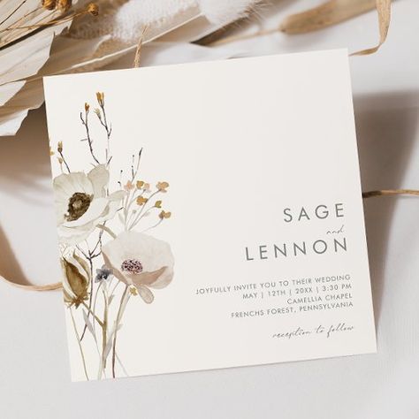 $1.88 | Whimsical Wildflower | Ivory Square Wedding #elegant sage gold greenery ss018, whimsical bohemiam minimal fall floral, pretty minimalist yellow wild flower, simple wedding stationery, rustic square, modern square wedding, watercolor wedding stationery, boho printed wedding, wildflower wedding, green wedding Simple Wedding Stationery, Rose Gold Foil Invitations, Popular Wedding Invitations, Ivory Wedding Invitations, Watercolour Wedding Stationery, Square Wedding Invitations, Gold Foil Invitation, Watercolor Wildflowers, Minimalist Watercolor