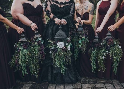 Dark Wedding Ideas Goth, Fairy Gothic Wedding, Viking Wedding Centerpieces, Witchy Wedding Aesthetic, Gothic Vow Renewal, Lanterns For Bridesmaids, Witchy Bridesmaids, Vampire Wedding Theme, Gothic Wedding Stationery