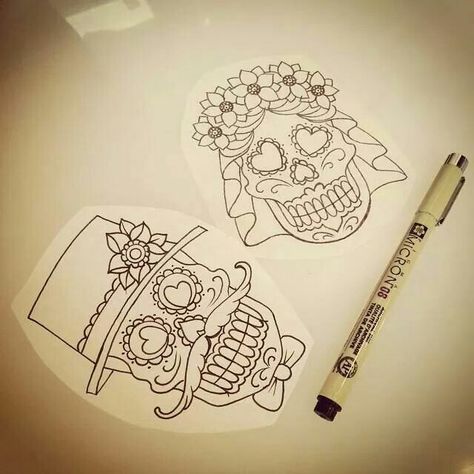 Megan Massacre sugar skull drawing Skeleton Couple Tattoo, Day Of Dead Tattoo, Skull Couple Tattoo, Skeleton Tattoos, Skull Wedding, Mexican Skulls, Sugar Skull Tattoos, Friendship Tattoos, Skull Drawing