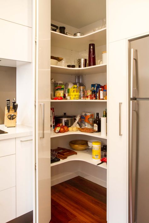 Pantry Solutions For Every Kitchen | The Kitchen Design Centre Corner Pantry Ideas, Corner Kitchen Pantry, Small Kitchen Pantry, No Pantry Solutions, Kitchen Design Centre, Pantry Layout, Kitchen Pantry Cabinet, Building A Kitchen, Corner Pantry