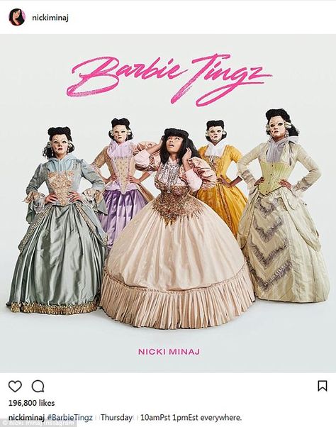 Fun with costumes: The songbird also posted a photo where she was in 17th century costume.... Nicki Minaj Album Cover, Nicki Minaj Album, Rap News, Barbie Tingz, Seductive Pose, Nicki Minaj Barbie, Uk Music, Lil Kim, Chun Li