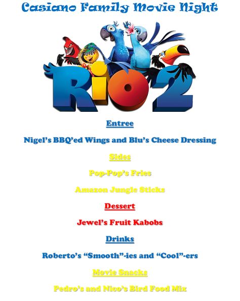 Rio 2 Movie, Movie Meals, Disney Movie Themed Dinner, Disney Nights, Family Movie Night Themes, Disney Movie Night Menu, Movie Recipes, Disney Themed Movie Night, Disney Movie Night Food