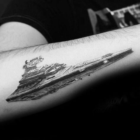 Star Destroyer Tattoo Starwars Tattoo Ideas, Star Destroyer Tattoo, Destroyer Tattoo, Ashoka Tattoo, Star Wars Tattoo For Men, Star Wars Tattoo Design, Vader Tattoo, Star Wars Tattoo Sleeve, Lightsaber Tattoo