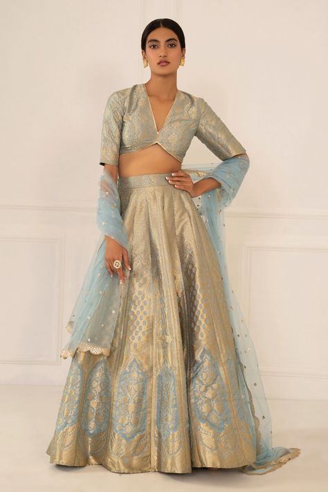 Minimal Lehenga Designs, Minimal Lehenga, Blue Banarasi Lehenga, Light Lehenga, Banarsi Lehenga, Studio Iris, Ruffled Saree, Banarasi Lehenga, Diwali Outfits