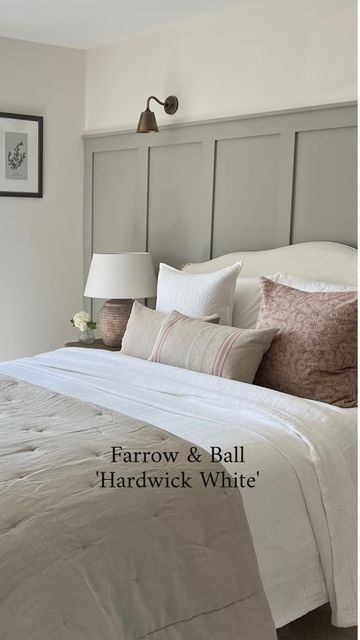 Beth on Instagram: "‘Hardwick White’ A traditional grey, rich in colour and would suit both a contemporary room, as well as a traditional. As you can see, I’m rather fond of this colour in my home and frequently get asked, what colour it actually is! So here it is, in my chosen rooms - save for inspiration! Enjoy your evening! Xx #farrowandball #hardwickwhite #paint #paintcolors #walls #rooms #inspiration #mrshinchhome #mrshinch #interiorinspiration #interiorstyling #interiortrends #trending # Bedroom Wall Panelling Colours, Hardwick White Bedroom, Dado Rail Panelling Bedroom, Shaded White Bedroom, Panelled Headboard Wall, Bedroom Panelling Colour Ideas, Hardwick White Farrow And Ball, Farrow And Ball Hardwick White, Bedroom Feature Wall Ideas