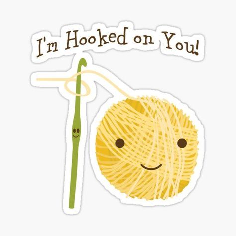 I'm hooked on you sticker cute ball of yarn and crocket hook Crochet Hook And Yarn, Kawaii Craft, Knitting Humor, Ball Of Yarn, Crochet Humor, Sewing Machine Needles, Crochet Girls, Crochet Lovers, Design Sticker