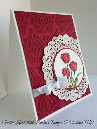 Easter Tulips, Doily Cards, Blessed Easter, Tulips Card, Lace Doily, Paper Doilies, Spring Cards, Embossed Cards, Stamping Up Cards