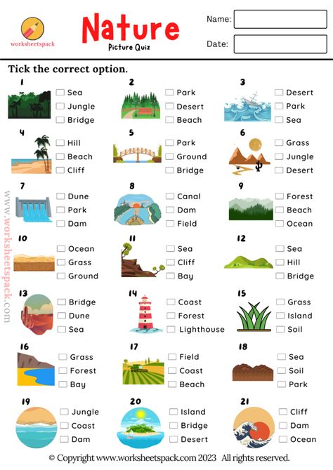 Nature ESL Picture Quiz for Kids - worksheetspack English Learning Materials, Nature Worksheets For Kids, Nature Worksheet, Quiz For Kids, Quizzes For Kids, Free Quizzes, Picture Quiz, Work Ethics, Esl Grammar