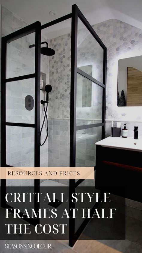 Where can I get crittall style shower frames for half the price? Black accent bathrooms - new for 2020 #marbletiles #bathroomtiles #DIY #RENOVATION #MAKEOVER #BATHROOMDESIGN #smallbathroom #showerroom Small Bathroom Design Black, Small Bathroom Remodel Black, Black And Marble Bathroom, Black Taps Bathroom, Bathroom Remodel Black, Bathroom Uk, Front Porch Inspiration, Designer Homes, Bathroom Design Black