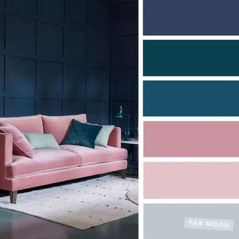 The best living room color schemes - Dark blue, teal, pink mauve Blue And Pink Living Room, Home Colour Design, Good Living Room Colors, Apartment Color Schemes, Teal Color Palette, Beautiful Bedroom Colors, Deco Pastel, Color Design Inspiration, Palette Design