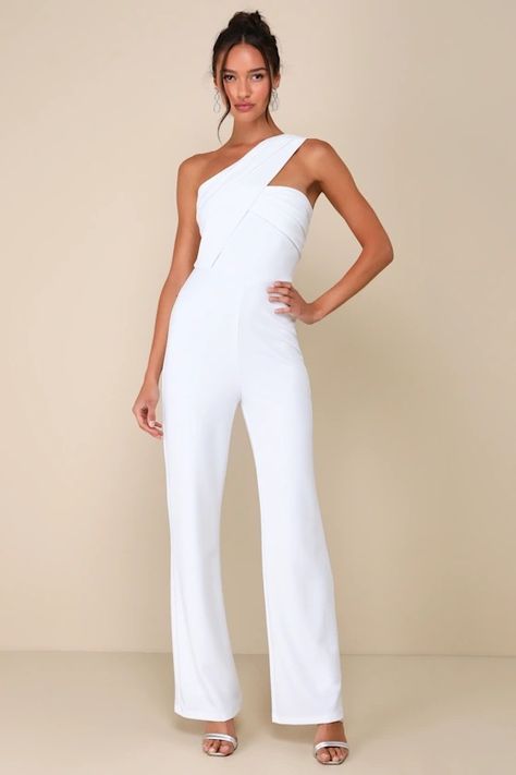 Ivory Jumpsuit - One-Shoulder Jumpsuit - Sleeveless Jumpsuit - Lulus Nice Jumpsuits Classy, White Dressy Jumpsuit Classy, Dressy Jumpsuits For Petite Women, Women’s Jumpsuit, Casual Rehearsal Dinner Outfit, Women Jumpsuit Outfits, Wedding Guest Jumpsuit, Havana Party, White Jumpsuit Wedding