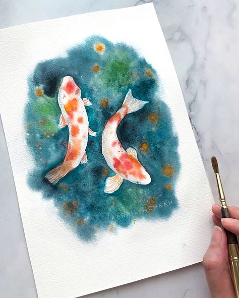 Koi Pond Watercolor, Watercolor Koi Fish Tutorial, Koi Fish Painting Watercolors, Paper Lavender, Koi Fishes, Watercolor Videos, Watercolor Koi Fish, Fish Watercolor, Koi Painting