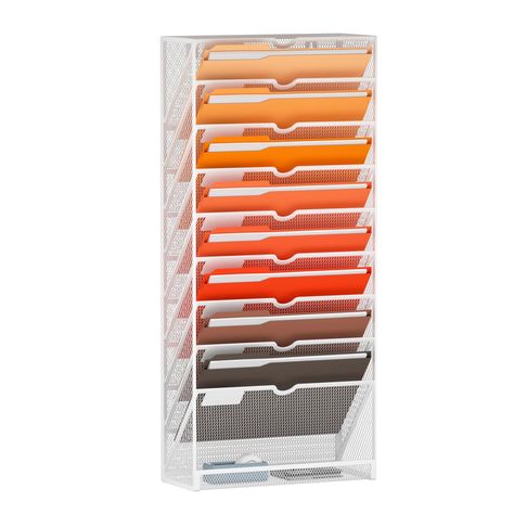 PRICES MAY VARY. 【Easy to use】This wall organizer requires no assembly, just unpacking and use. Our 10-tier wall paper organizer has an elegant look design with upgraded powder coat finish, anti-oxidation and anti-rust, which is enough for many years. 【Space Saveing】This wall file organizer has 10 separate cascading slots and has enough space to store your office stationery, such as holds letter-size charts and files, perfect for sorting organize notebooks, binders, file folders, literature, cat