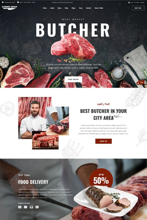 Carne is a versatile WordPress theme designed for butcher shops, meat restaurants, and businesses associated with the meat industry. Meat Design Graphics, Butcher Website Design, Butcher Design, Meat Food Styling, Meat Branding, Healthy Background, Beverage Illustration, Grocery Website, Website Branding Design