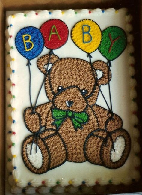 Teddy Bear Baby Shower Cake - Just a simple sheet cake with a starred teddy bear...all buttercream. Simple Sheet Cake, Baby Shower Sheet Cake, Teddy Bear Baby Shower Cake, Baby Shower Sheet Cakes, Teddy Bear Picnic Birthday Party, Teddy Bear Baby Shower Theme, Bear Baby Shower Cake, Picnic Baby Showers, Boys 1st Birthday Cake