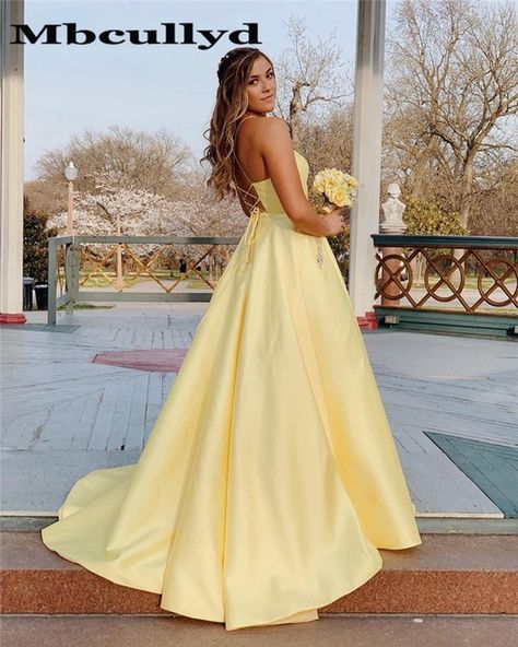 Yellow Satin Prom Dress, Yellow Prom Dress Long, Yellow Evening Dresses, Yellow Prom, Satin Prom Dresses, Prom Dresses Yellow, Prom Dresses With Pockets, Prom Dresses 2019, Backless Prom Dresses