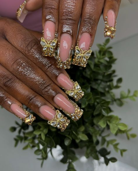 CLIENTS FAV 🌟🦋 • *additional charge for a full bling set* • • #nails #goldnails #blingfrench #longnails #centralflnails Bling Set Nails, Set Nails, Gold Nails, Long Nails, Nails, Quick Saves