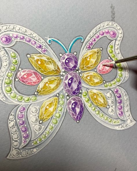 ✨Inspiration✨ My daughter recently painted this beautiful butterfly and I’ve reimagined it as a necklace, using precious gems and diamonds. A drawing for the moment but one day I’ll make it for her ✨🦋💕 Hand painted with gouache on grey paper by big H.Oxborough and small H.Oxborough #jewellery #jewelry #jewellerysketch #jewelrysketch #jewellerydrawing #jewelrydrawing #jewelleryillustration #jewelryillustration #butterfly #butterflynecklace #handpainted Hand Drawn Butterfly, Gem Butterfly, Drawn Butterfly, Grey Paper, Jewelry Illustration, Jewelry Drawing, Jewellery Sketches, Butterfly Jewelry, Butterfly Necklace